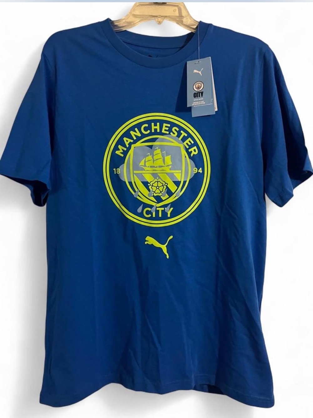 Puma Blue Manchester City Crest Tee with Neon Yellow Logo